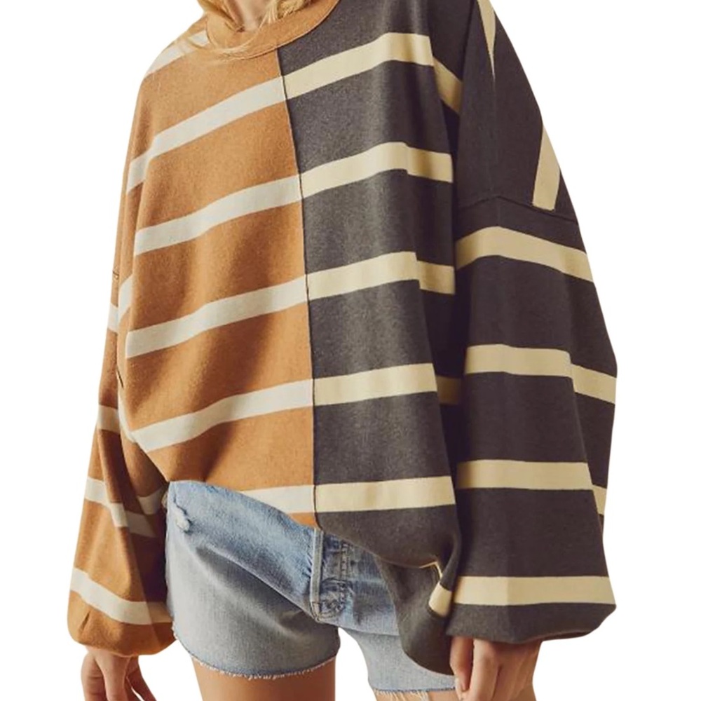 Free People Uptown Brown and Black Striped Sweater XS Oversized